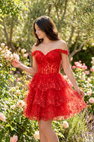 Steel Blue lace tulle a-Line tiered homecoming dress front view