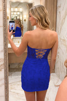 Royal Blue Sweetheart Strapless Lace Homecoming Dress Back View