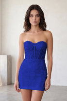 Royal Blue Sweetheart Strapless Lace Homecoming Dress Front View