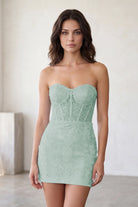 Sage Sweetheart Strapless Lace Homecoming Dress Front View