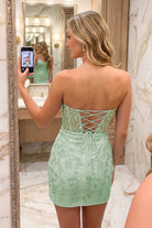 Sage Sweetheart Strapless Lace Homecoming Dress Back View