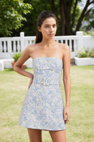 Light Sky Blue Belt Jacquard Sheath Strapless Homecoming Dress Front View