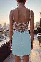 Sky Blue Floral Stitching Sheath Spaghetti Straps Homecoming Dress Back View