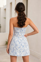 Light Sky Blue Belt Jacquard Sheath Strapless Homecoming Dress Back View