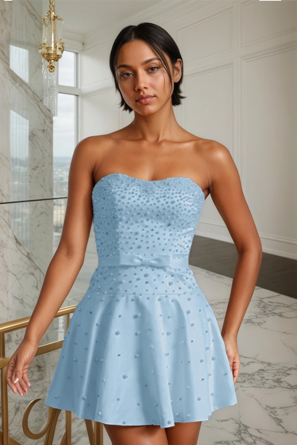 Aqua Blue Bowknot Pearl A-Line Strapless Homecoming Dress Front View