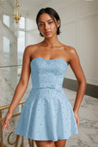 Aqua Blue Bowknot Pearl A-Line Strapless Homecoming Dress Front View