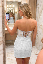 White Sweetheart Strapless Lace Homecoming Dress Back View