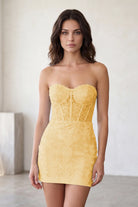 Yellow Sweetheart Strapless Lace Homecoming Dress Front View