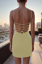 Yellow Floral Stitching Sheath Spaghetti Straps Homecoming Dress Back View