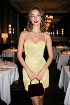 Yellow Floral Stitching Sheath Spaghetti Straps Homecoming Dress Front View