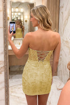 Yellow Sweetheart Strapless Lace Homecoming Dress Back View